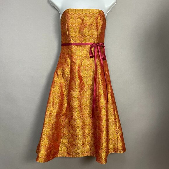 Vintage Y2K Strapless Dress Iridescent Red Gold Ribbon Bow Tie Belt Small A-Line - Picture 13 of 14